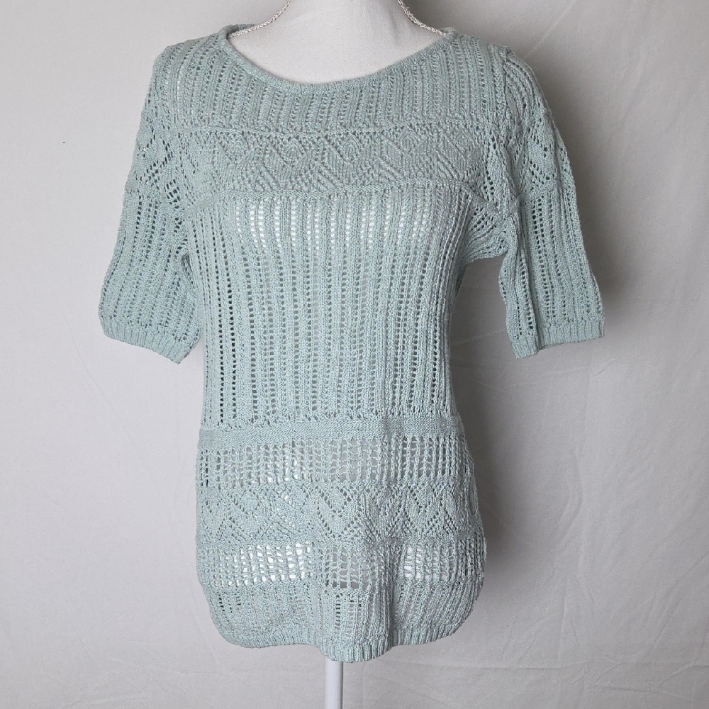 NWT Talbots Mint Green Open Crochet Short Sleeve Cotton Women's Sweater Small